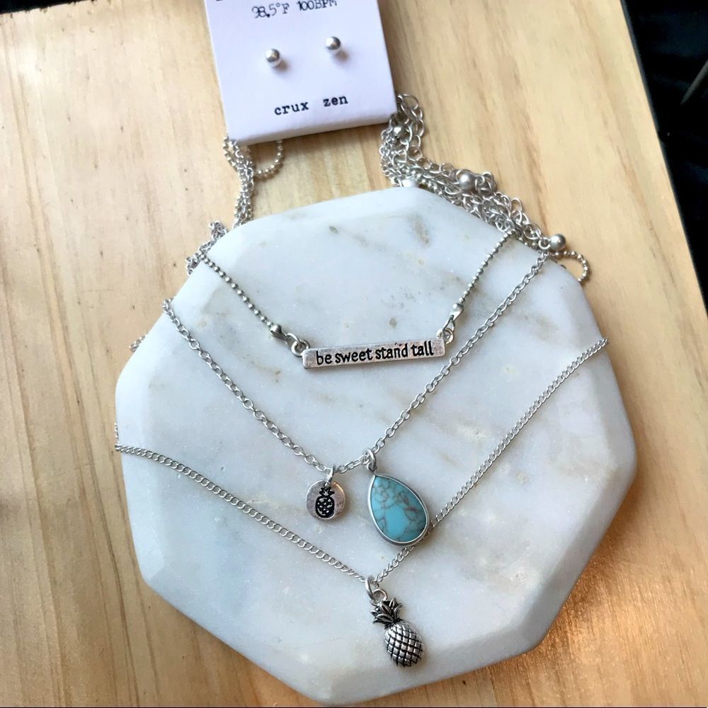 Silver Layer Necklace Pineapple Earring Set Turquoise Stone Motivational Jewelry